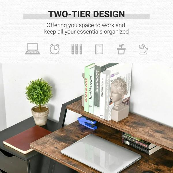Rustic brown two-tier desk with open shelves holding books and laptop