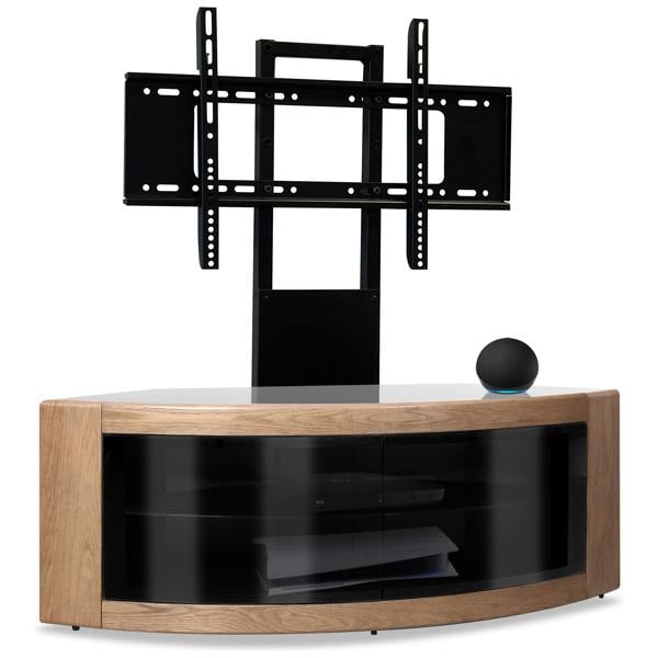 Homeology PANGEA Black/Oak Beam-Thru Curved True-Corner 32"-50" TV Cabinet with Mounting Arm