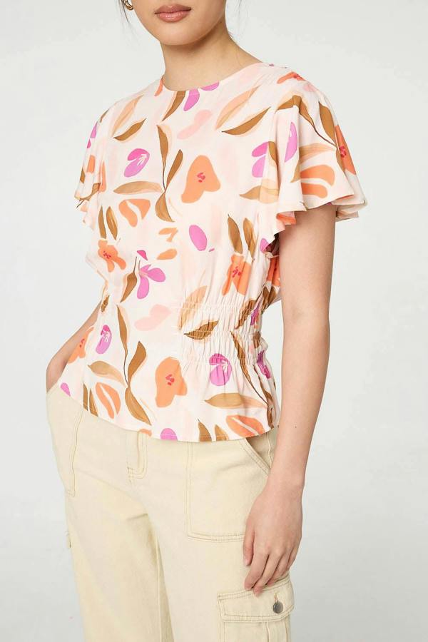 Orange | Abstract Flare Sleeve Peplum Blouse