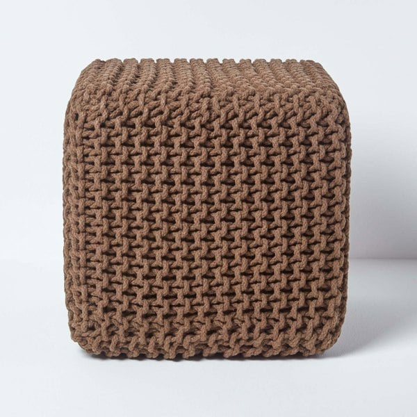 HOMESCAPES Cube Cotton Knitted Pouffe Footstool Bean Filled Hand Knitted