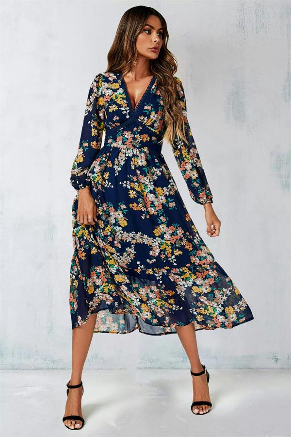 FS Collection Floral Print Long Sleeve Maxi Dress In Navy