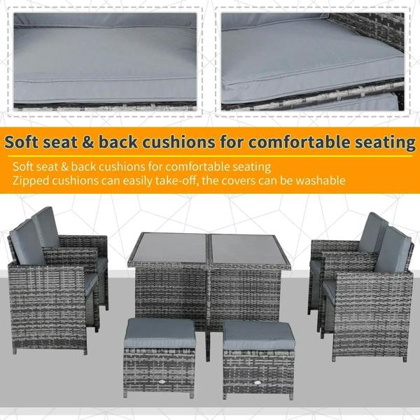Grey rattan dining set with seat and back cushions on armchairs and ottoman stools