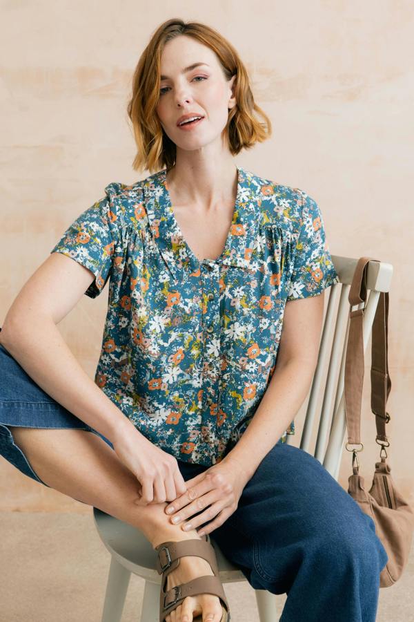 Lowlands Organic Ditsy Print Blouse Petrol