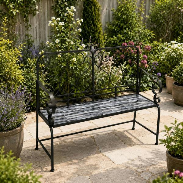 Oasis Mosaic 2 Seater Garden Bench, 112cm Outdoor Patio Seat with Ceramic Tile Seat, Scrollwork Backrest & Metal Frame image 3
