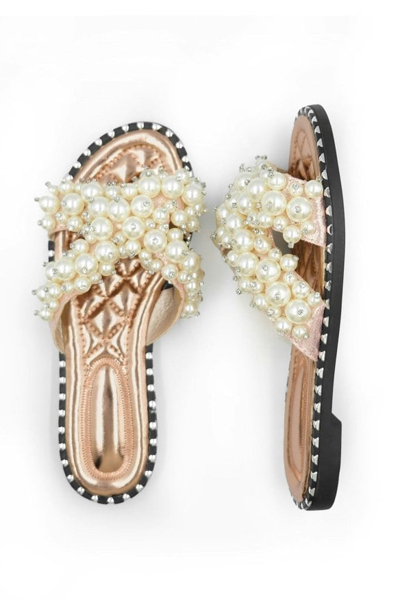 Where's That From Eve Pearl Embelllished Flat Slider Sandals in Rose Gold