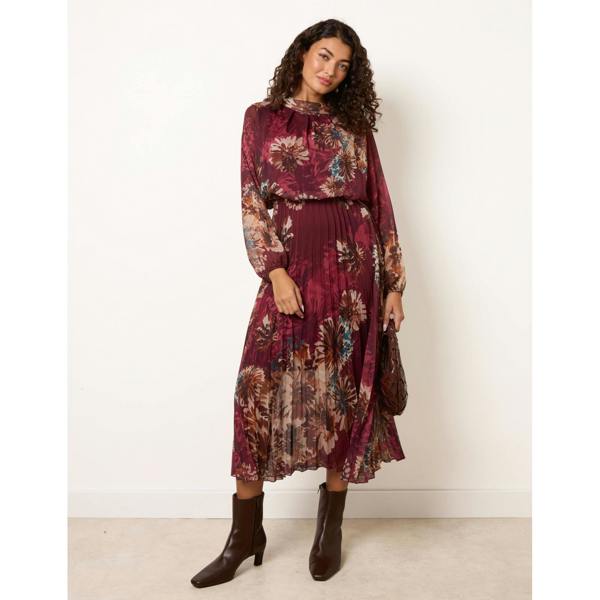 Blue Vanilla Floral Cowl Neck Long Sleeve Pleated Chiffon Dress