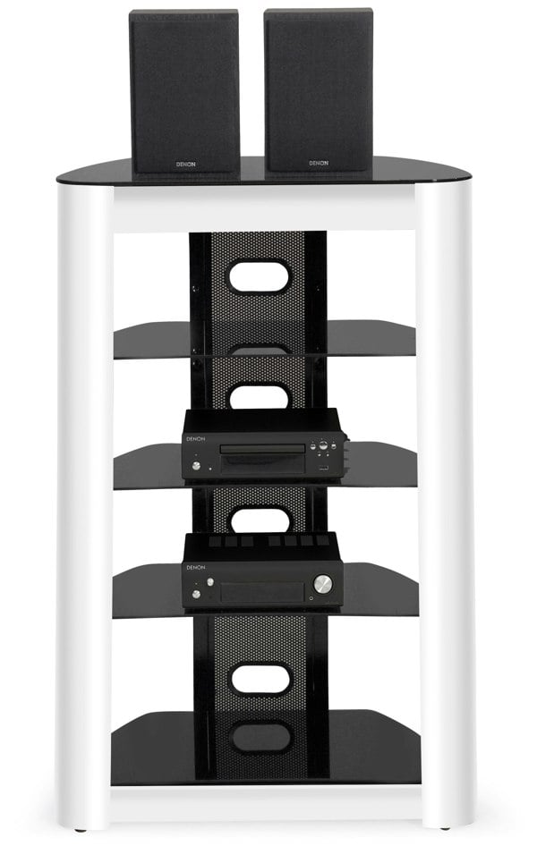 Centurion Supports ZINNIA 5-Tier Black Glass Shelves with Gloss White Fascia Entertainment Media Audio Rack