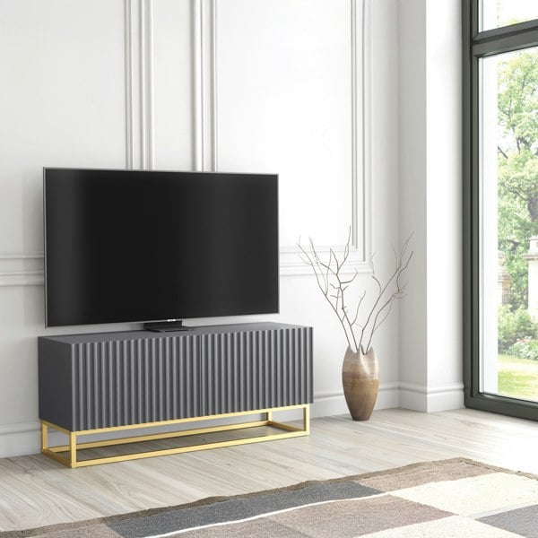 Mex Furniture Grey TV Unit with Gold Base 100cm – Fluted Fronts & Push-Down Doors