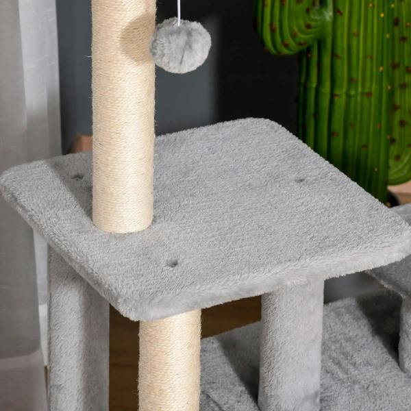 Light grey plush top platform on a cat tree tower with sisal post and hanging ball