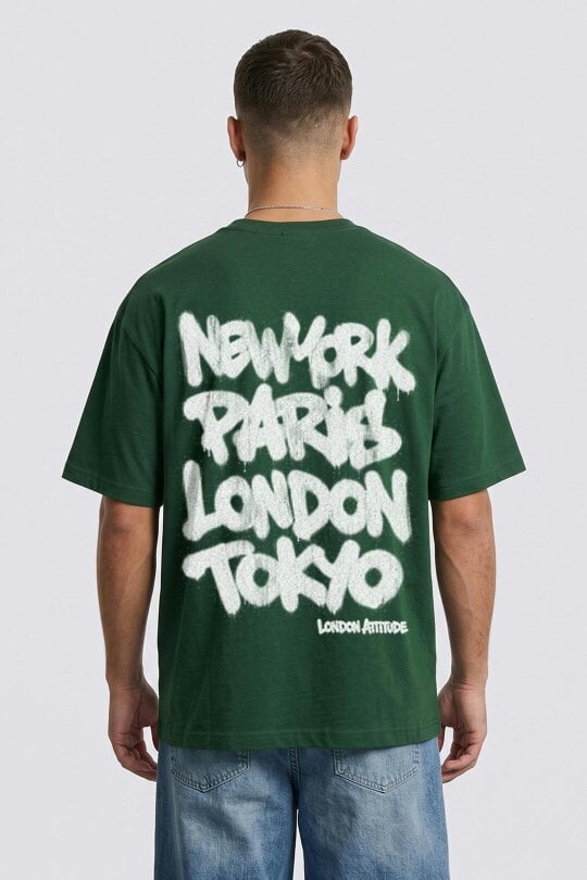 London Attitude Oversized Heavyweight City Graffiti Graphic T-Shirt - Forest green