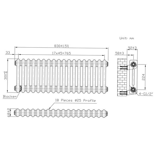 Monstershop Traditional 2 Column Radiator - 300 x 830mm - Raw Metal
