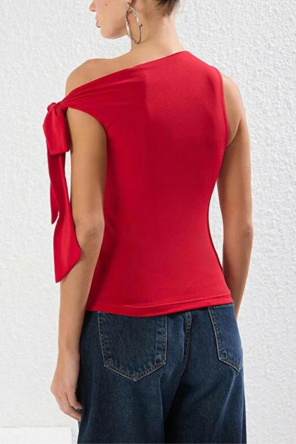 WOVCOR Knit Blouse with Asymmetrical Collar Tie Detail