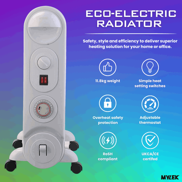 Mylek Oil Filled Radiator Electric Heater, Portable, Thermostat and 24hr Timer by Mylek 2500w