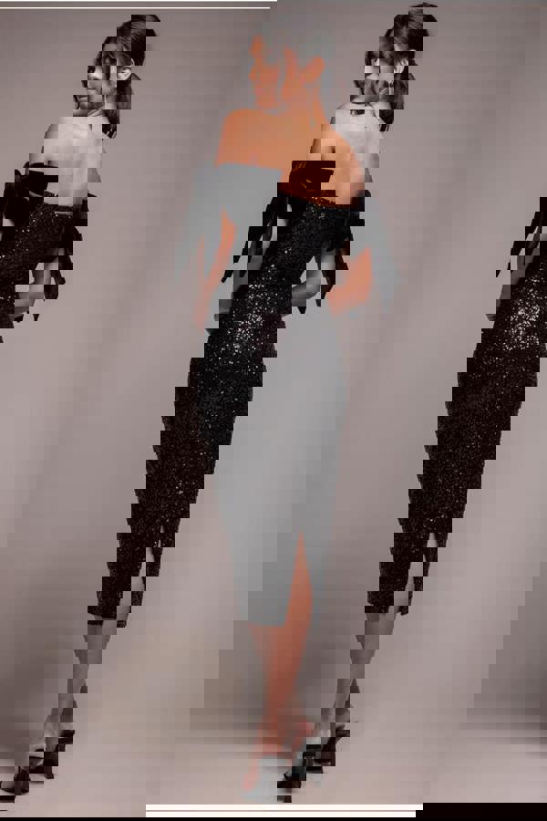 Sequin Off The Shoulder Velvet Bow Midi Dress - Black DR4895