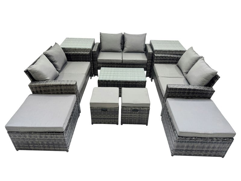 Fimous PE Rattan Garden Furniture Set Lounge Double Seat Sofa Coffee Table Set with 2 Side Tables 4 Stools Dark Grey MixedMixed