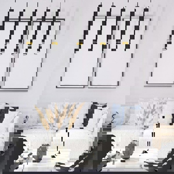 Milagro Joker Contemporary Pendant Lamp 5XGU10 Hand Made Cylindrical Style Light Finished in Matt Black With Striking Gold Detail