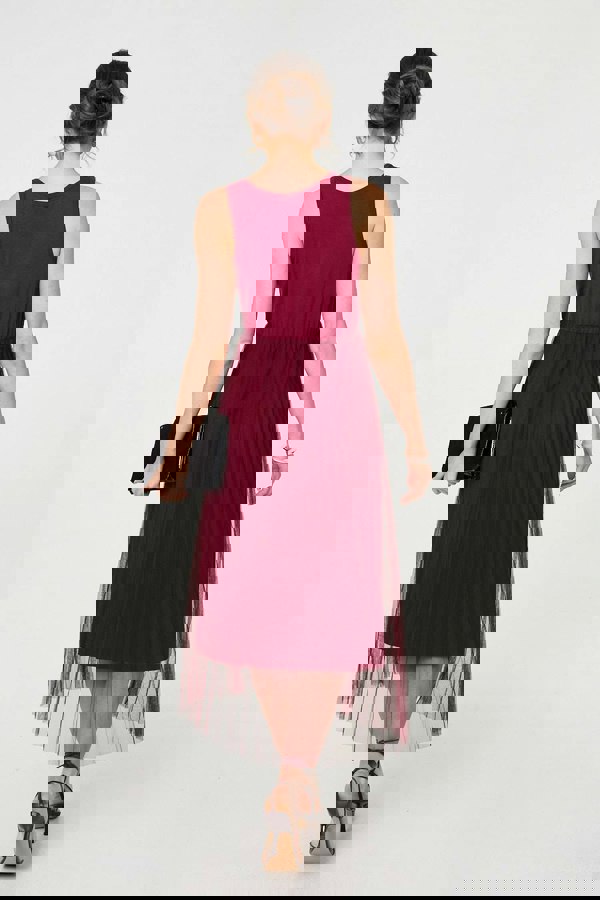 Burgundy | Layered Knit Top Mesh Pleated Midi Dress