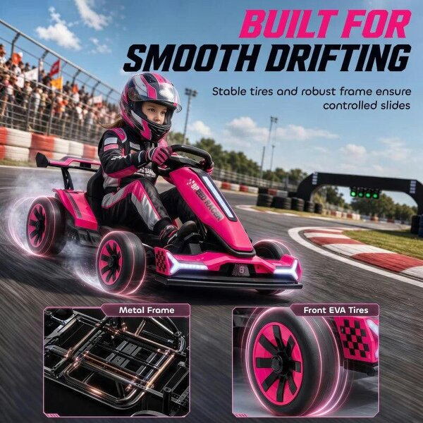24V Electric Go Kart for Kids 6-12 Years with Drift Mode, Adjustable Seat, 3 Speed, Slow Start, Pink