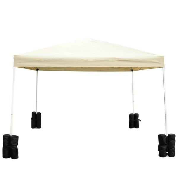 Black gazebo base sandbag weights with four bags attached around legs