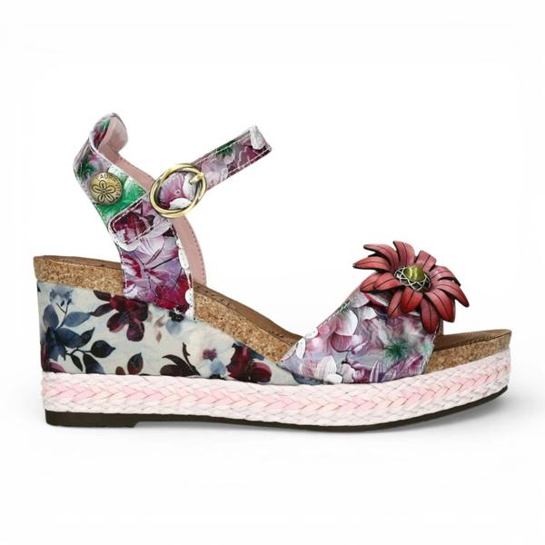 Laura Vita Facyo 75 - Women's Purple Floral Leather Wedge Sandals