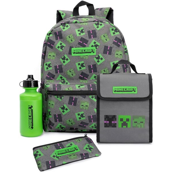 Minecraft Lunch Bag And Backpack Set (Pack of 4 items ideal for school) - Grey/Green/Black