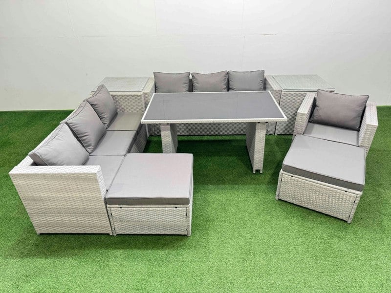 Fimous Patio Garden Furniture Sets with Black Glass Top Dining Table 3 Seater Sofa Armchair 2 Side Tables 2 Big Stool Light Grey
