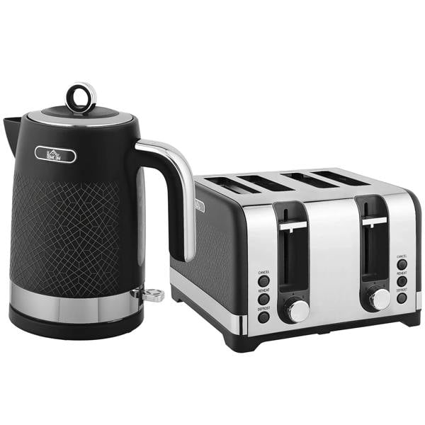 Black textured electric kettle with matching four-slice toaster, silver accents