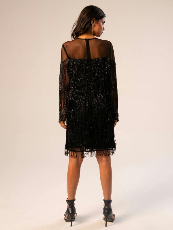 Rose & Nancy Elise Black Beaded Fringe Mini Dress