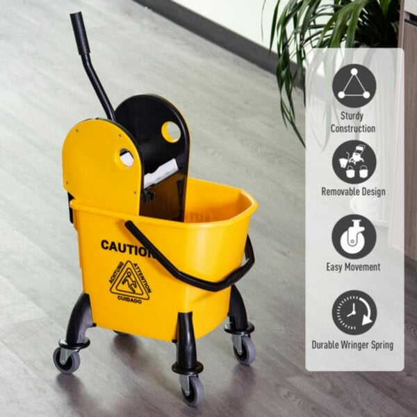 Dyzi 26L Mop Bucket with Wringer Handle and Castor Wheels Yellow