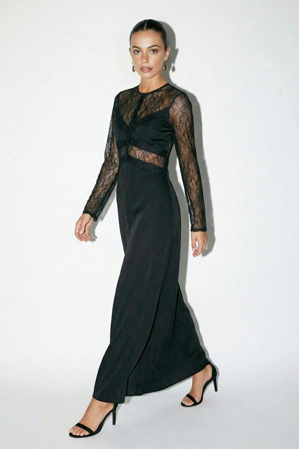 WOVCOR Satin Long Dress with Lace Details