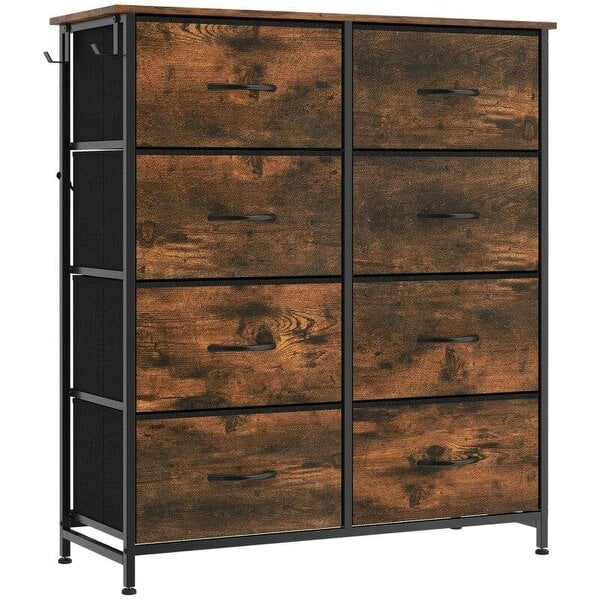 Chest of Drawers, Dresser for Bedroom with 8 Fabric Drawers, Tall Storage Unit w/ Side Storage Bag, Rustic Brown