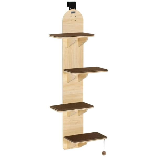 Oak door-mounted 4-level cat tree with brown plush platforms and toy ball dangling