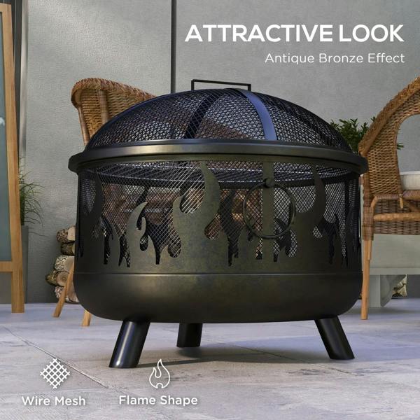 Black steel fire pit BBQ with dome mesh lid and flame-shaped cutouts on front panel