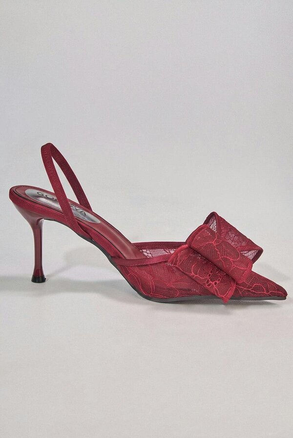 Goddiva Pointed Toe Lace Bow  Stiletto Slingback Heels - Wine by Goddiva