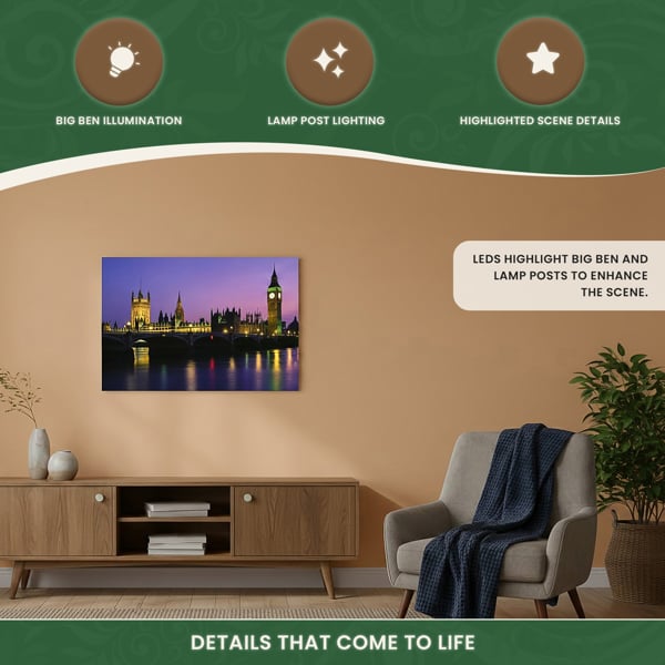 Houses of Parliament Canvas Picture Print with 8 LED Lights, 60 x 40 cm, Stretched Wooden Frame, Battery Powered