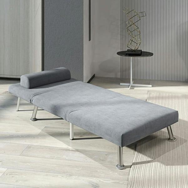 Grey single sleeper chair in extended lounge position with long padded seat