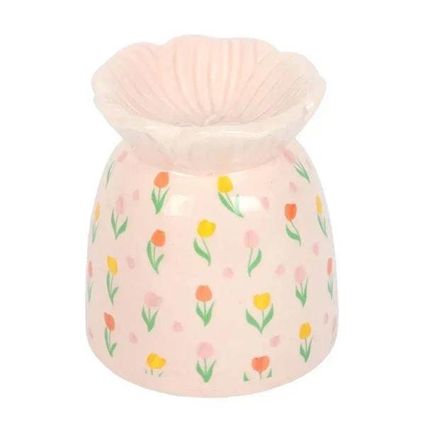 White tulip-print wax warmer with ridged scalloped top and scattered tulip pattern