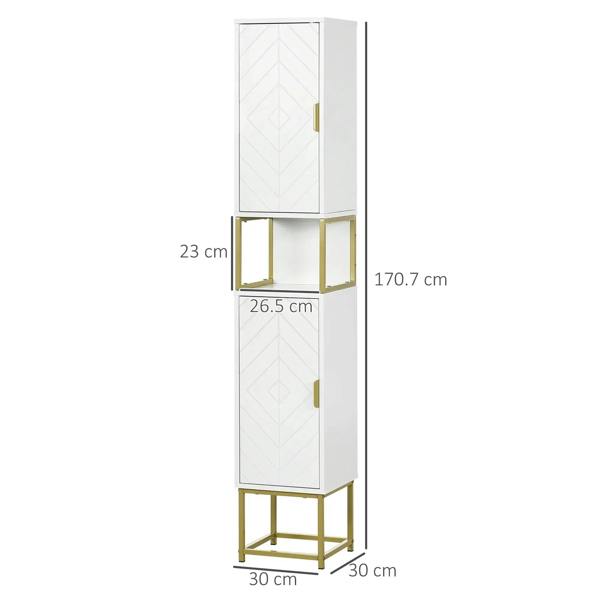 White slim freestanding bathroom cabinet with two paneled doors and gold steel base