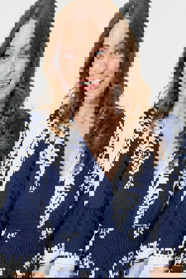 Navy | Ikat Print 1/2 Flared Sleeve Midi Dress