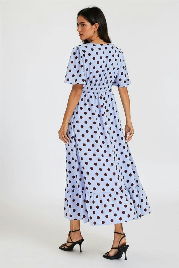 FS Collection Polka Dot Print Angel Sleeve V Neck Frill Hem Midi Dress In Blue