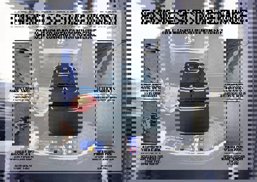 The Rear Single Seat Storage Organiser infographic depicting that the organiser has some quality features.