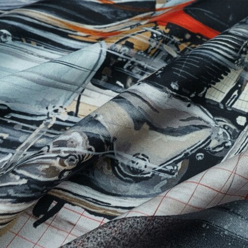 Otway & Orford 'Vintage Velocity' motorcycle silk pocket square in red, pale blue, black & brown (42 x 42cm)