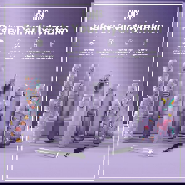 Several purple water bottles, of varying sizes and designs, are displayed on a lavender surface. They showcase different materials and styles. The context is an advertisement promoting hydration.