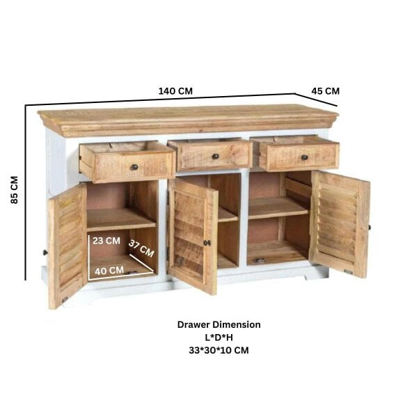 Wyld Haus Alington White and Natural Solid Wood Sideboard With 3 Drawers and 3 Doors