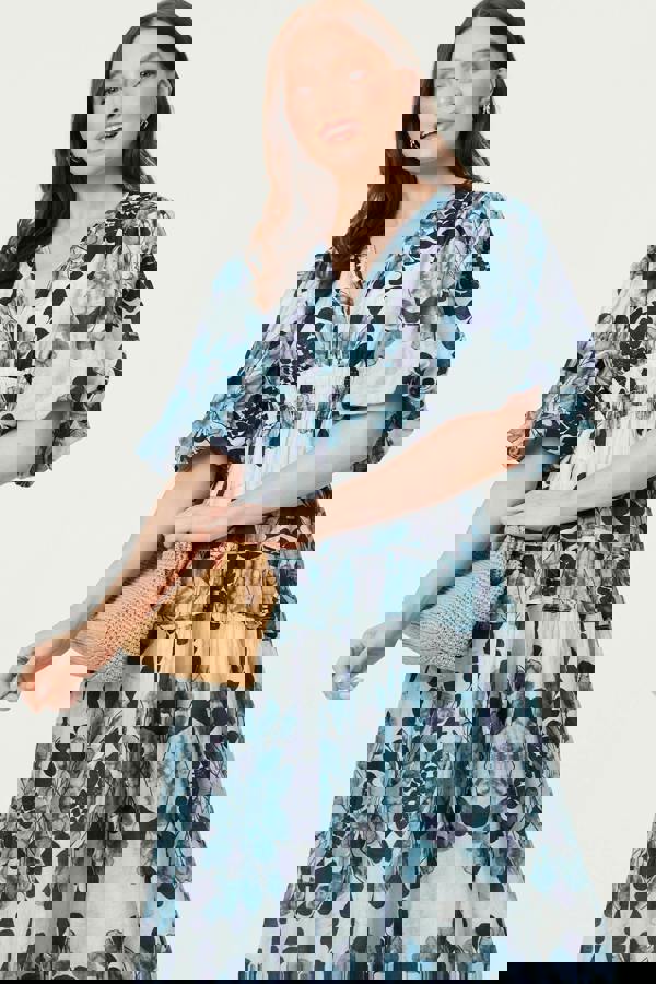 Blue | Floral 1/2 Puff Sleeve Tiered Midi Dress