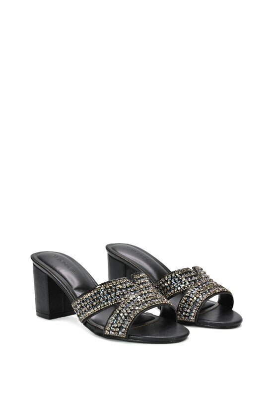 XY LONDON Sparkly Diamante Strappy Mid Block Heeled Sandal Mules