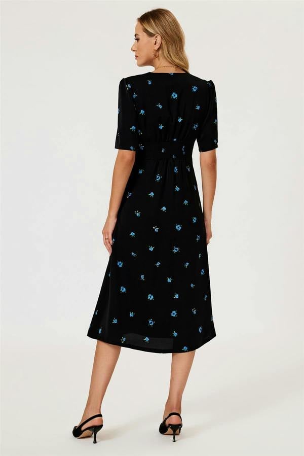 FS Collection Blue Floral Print Button Front Midi Dress In Black