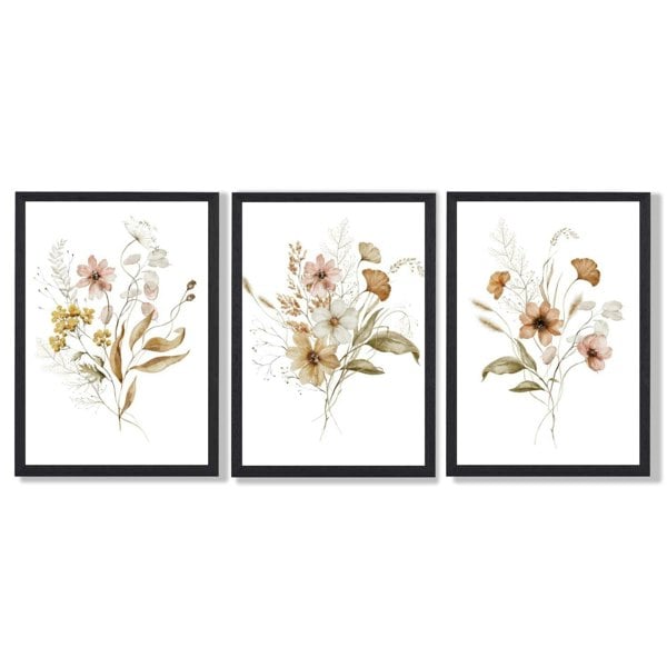 Autumn Wild Flower Bouquets Set of 3 Framed Art Prints with Black Wooden Frames