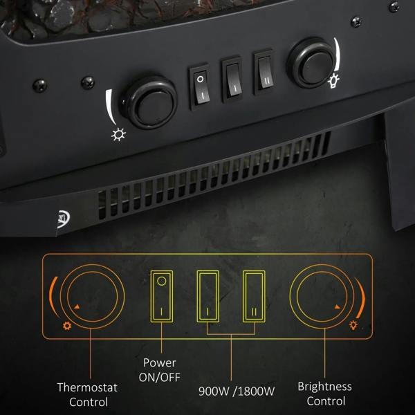 Black electric fireplace heater control panel with thermostat, power, and brightness knobs