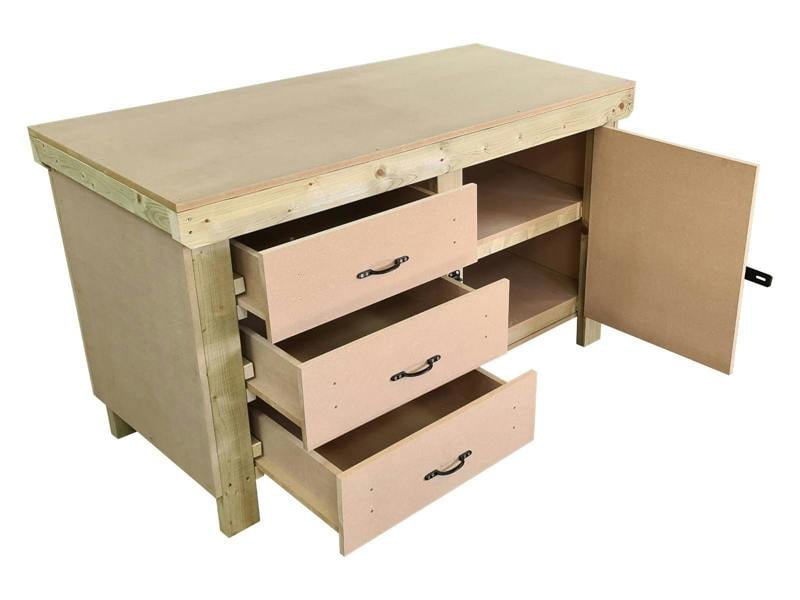 Wooden MDF Top Workbench – Sturdy tool cabinet with a lockable cupboard and double shelf for extra storage. Ideal for garages, workshops, and studios